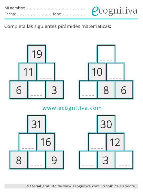 Pirámides Numéricas. Descargar Pirámides Matemáticas en PDF Gratis